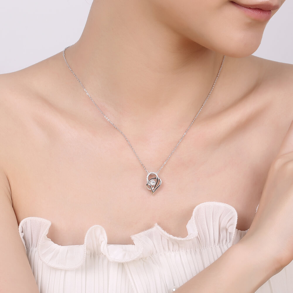 Heart-shaped Dance Pendant Necklace Silver Diamond Dancing Stone Necklace Girl Gift