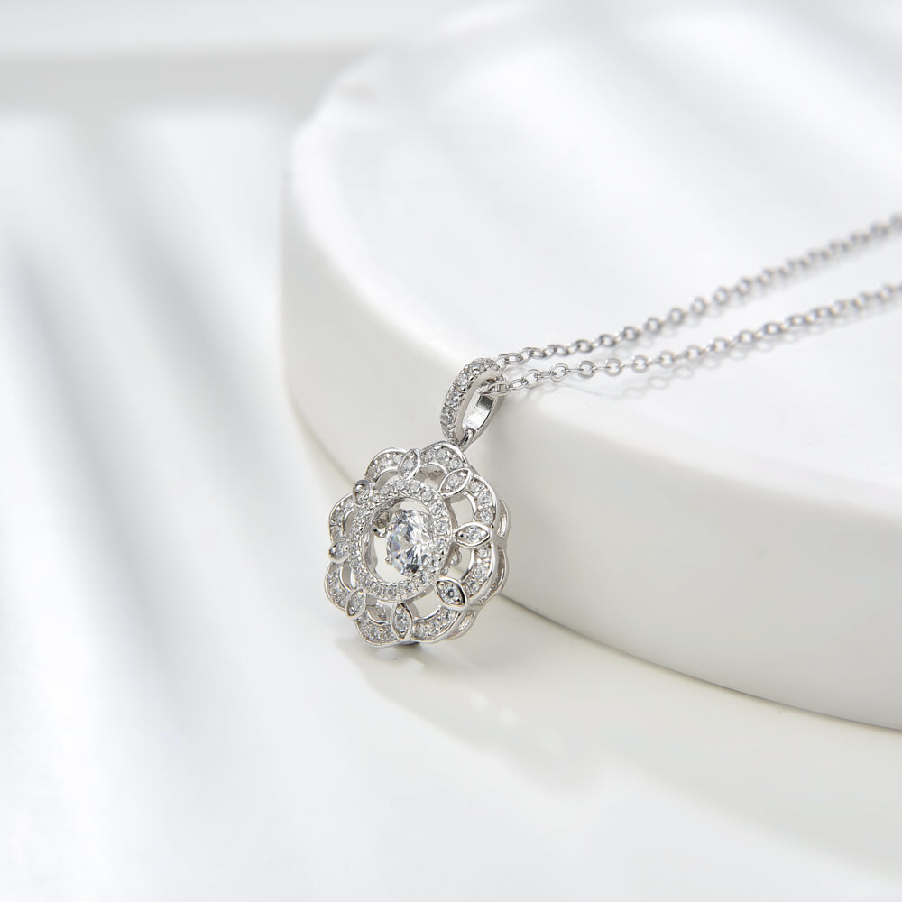 CZ Stone Flower Halo Cluster Pendant Necklace Dancing Diamond Zircon Flower Necklace