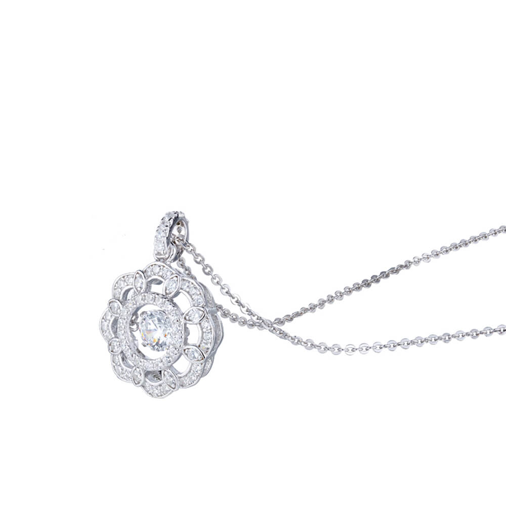 CZ Stone Flower Halo Cluster Pendant Necklace Dancing Diamond Zircon Flower Necklace