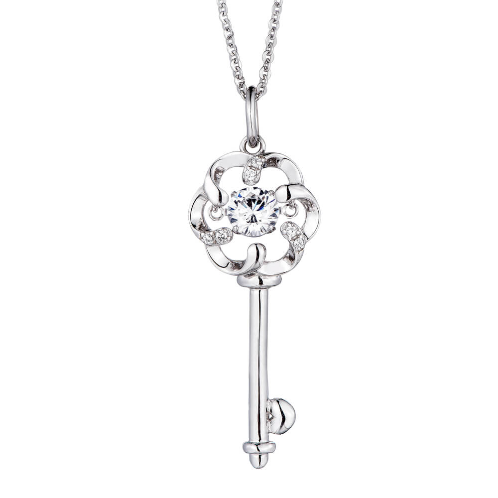 Trendy Style Key Shape 5mm CZ Dancing Stone Silver Necklace for Women Jewelry