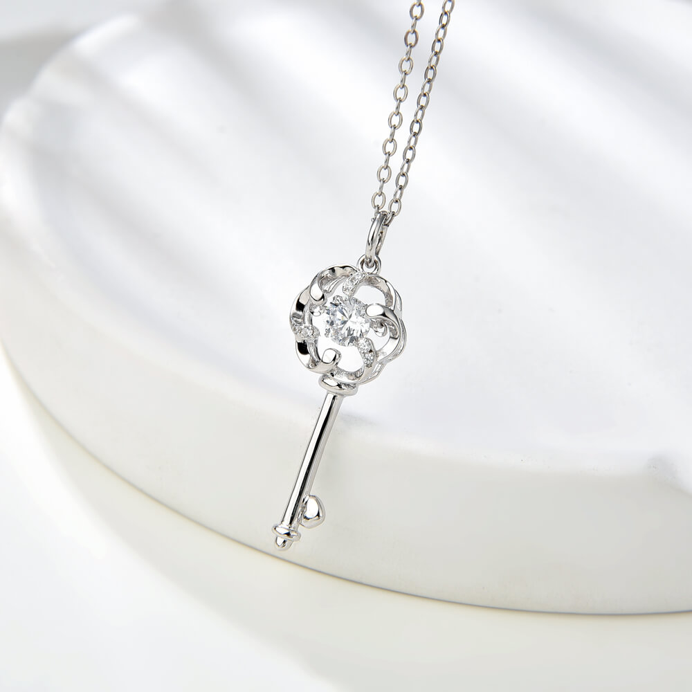 Trendy Style Key Shape 5mm CZ Dancing Stone Silver Necklace for Women Jewelry