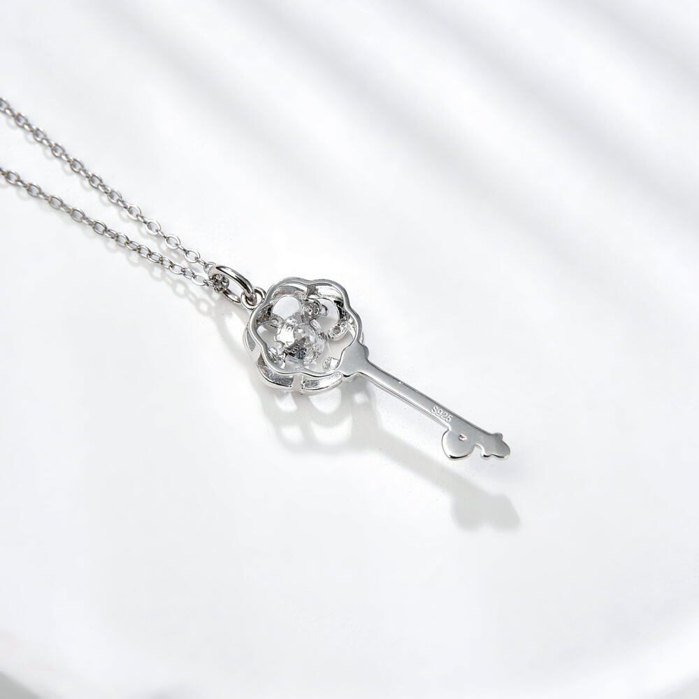 Trendy Style Key Shape 5mm CZ Dancing Stone Silver Necklace for Women Jewelry