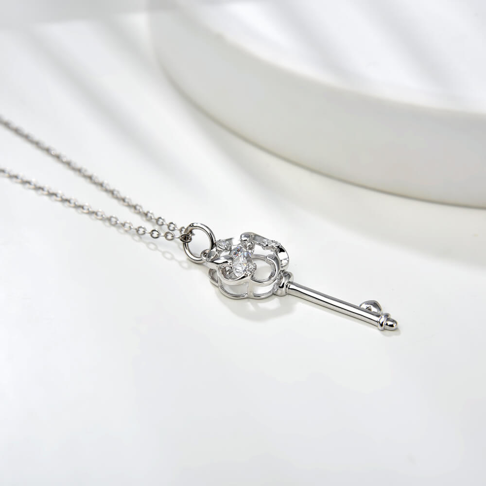 Trendy Style Key Shape 5mm CZ Dancing Stone Silver Necklace for Women Jewelry