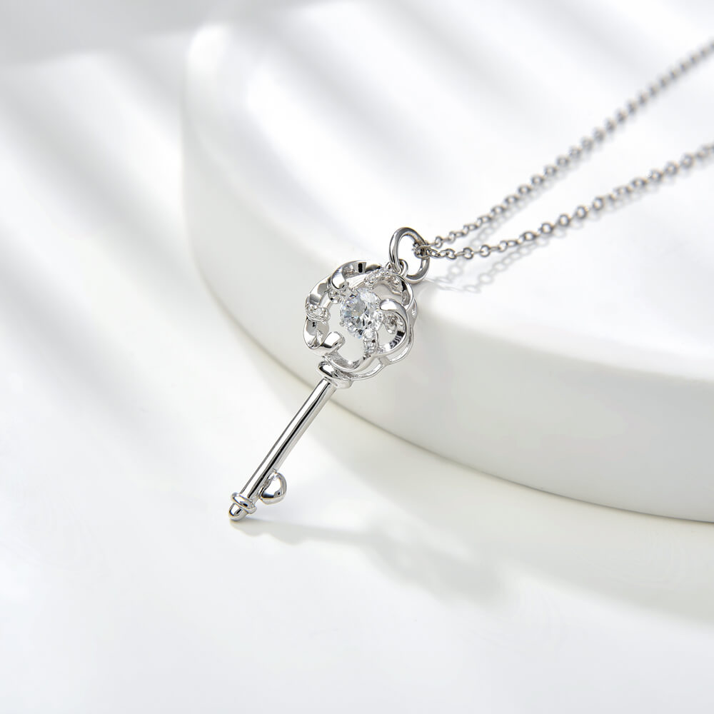 Trendy Style Key Shape 5mm CZ Dancing Stone Silver Necklace for Women Jewelry