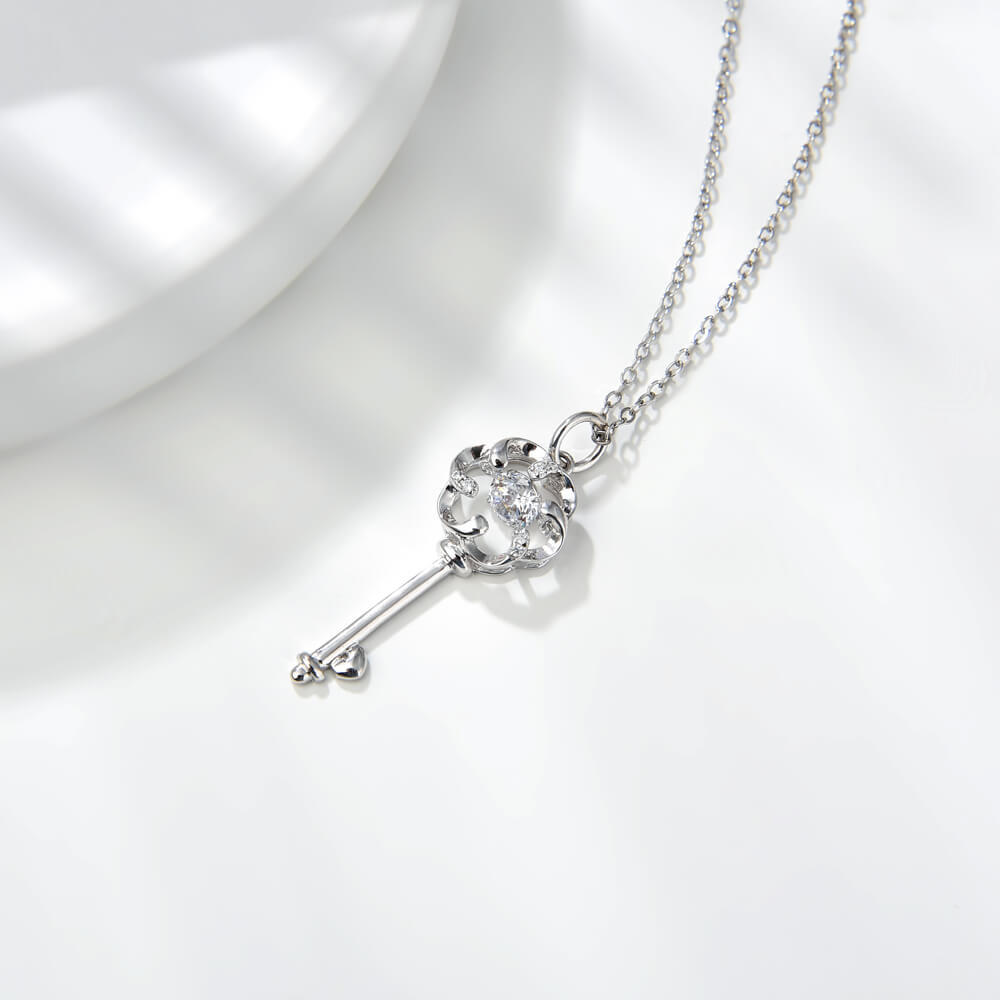 Trendy Style Key Shape 5mm CZ Dancing Stone Silver Necklace for Women Jewelry