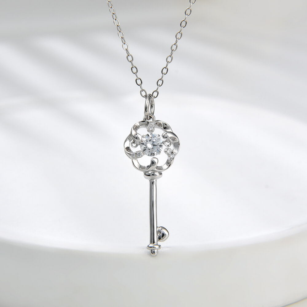 Trendy Style Key Shape 5mm CZ Dancing Stone Silver Necklace for Women Jewelry