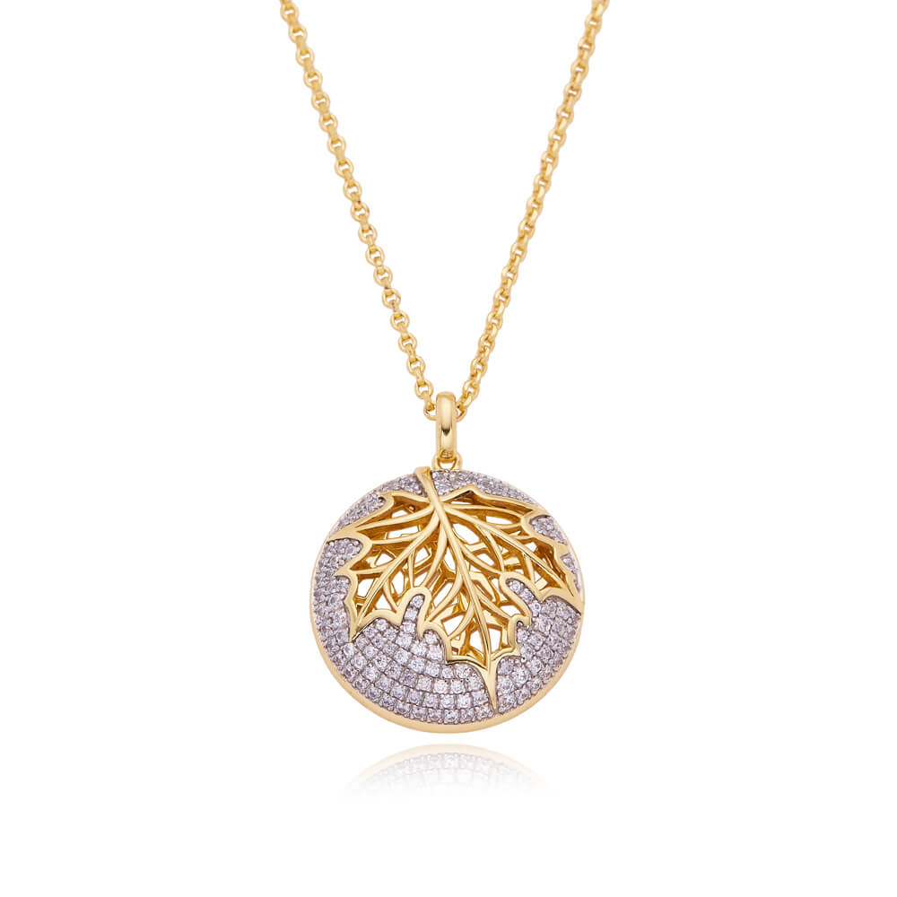 Trendy pretty 18k gold plated maple leaf shiny zircon silver 925 necklace pendant