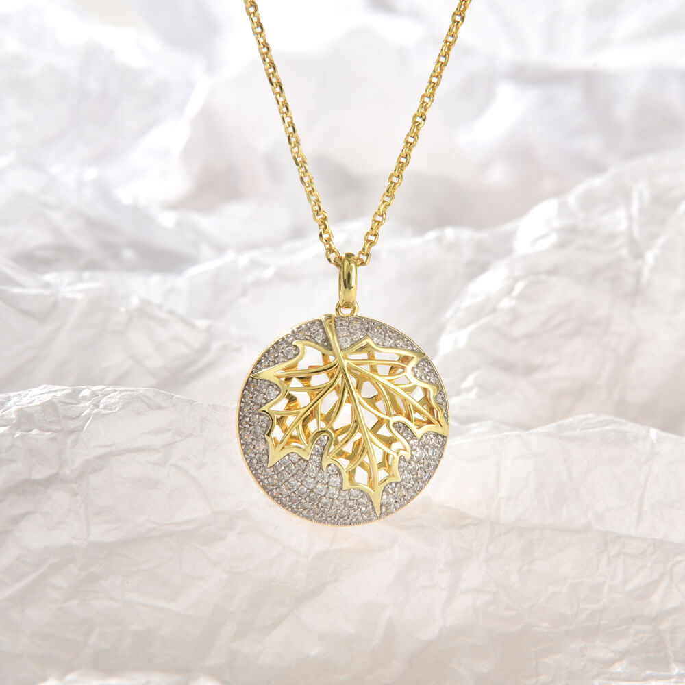 Trendy pretty 18k gold plated maple leaf shiny zircon silver 925 necklace pendant