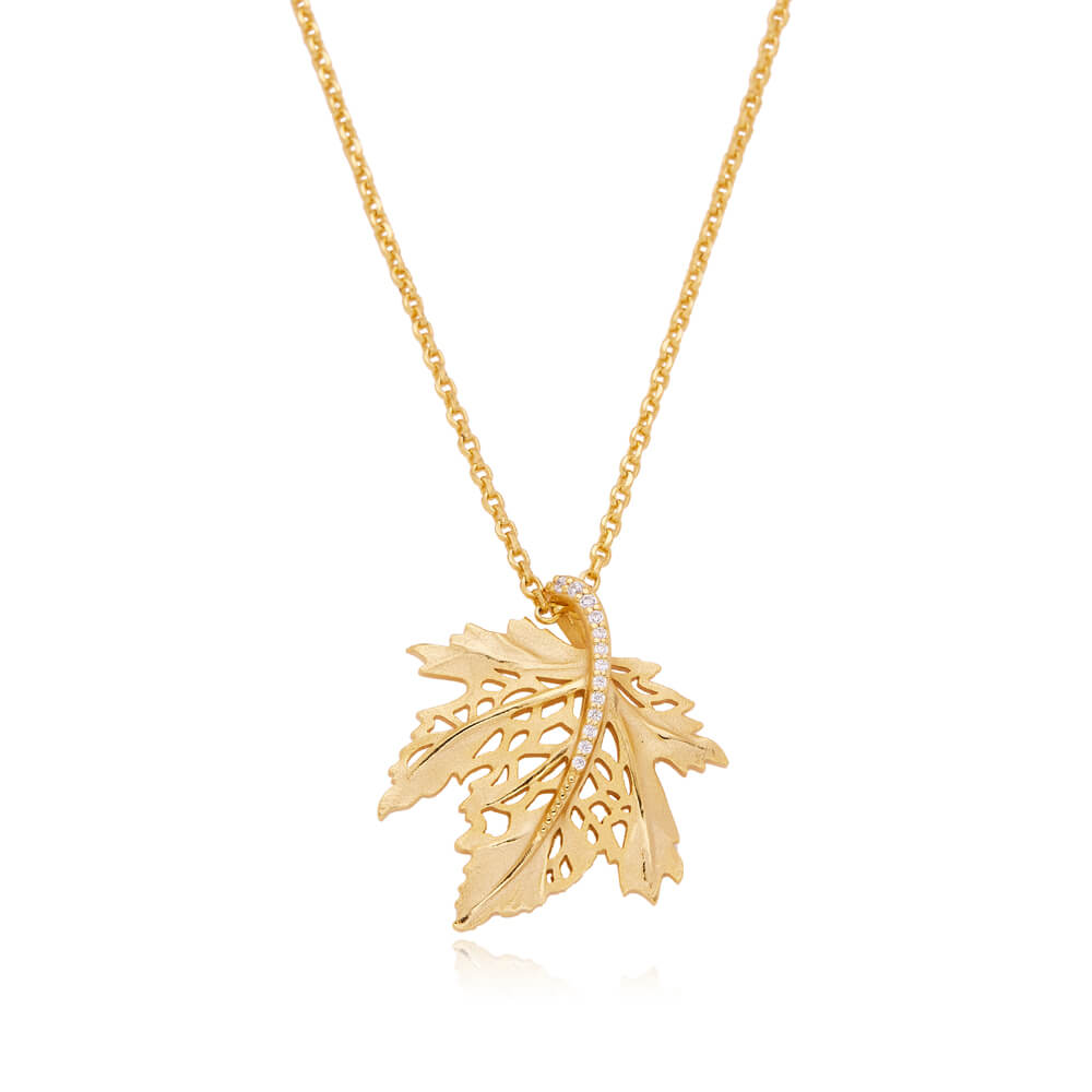 Trendy Pretty 18k Gold Plated Maple Leaf Shiny Zircon Silver 925 Necklace Pendant